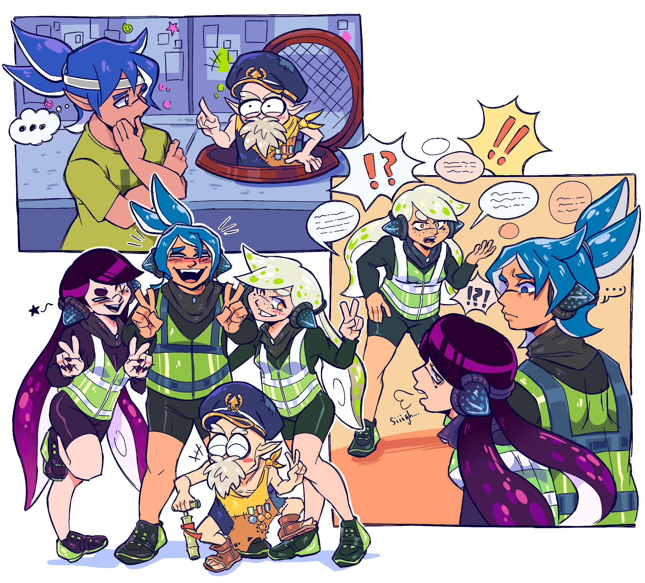A series of three pictures. The first depicts Quinn staring suspiciously at Craig in the sewer grate, the second shows Callie and Marie arguing while Quinn stands to the side, and the third is a group shot with Callie, Marie, Quinn, and Craig all smiling holding up peace signs. 